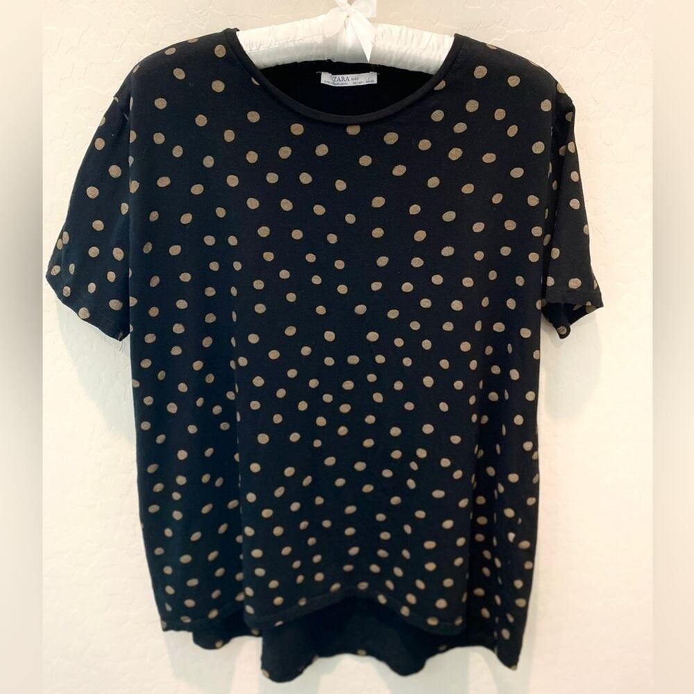 ZARA BASIC | Black Tan Polka Dot Short Sleeve Top | Size Large